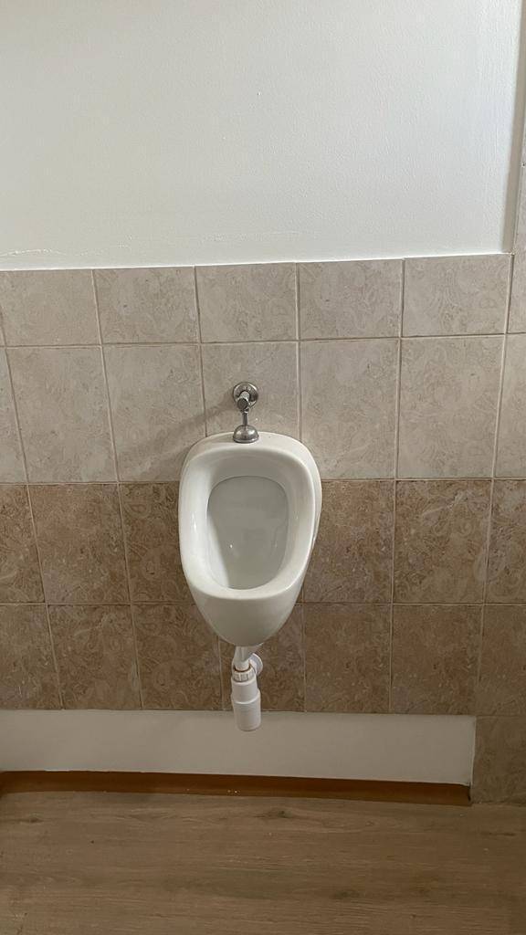 Urinal in einem gefliesten WC-Bereich mit Laminatboden und heller Wand.