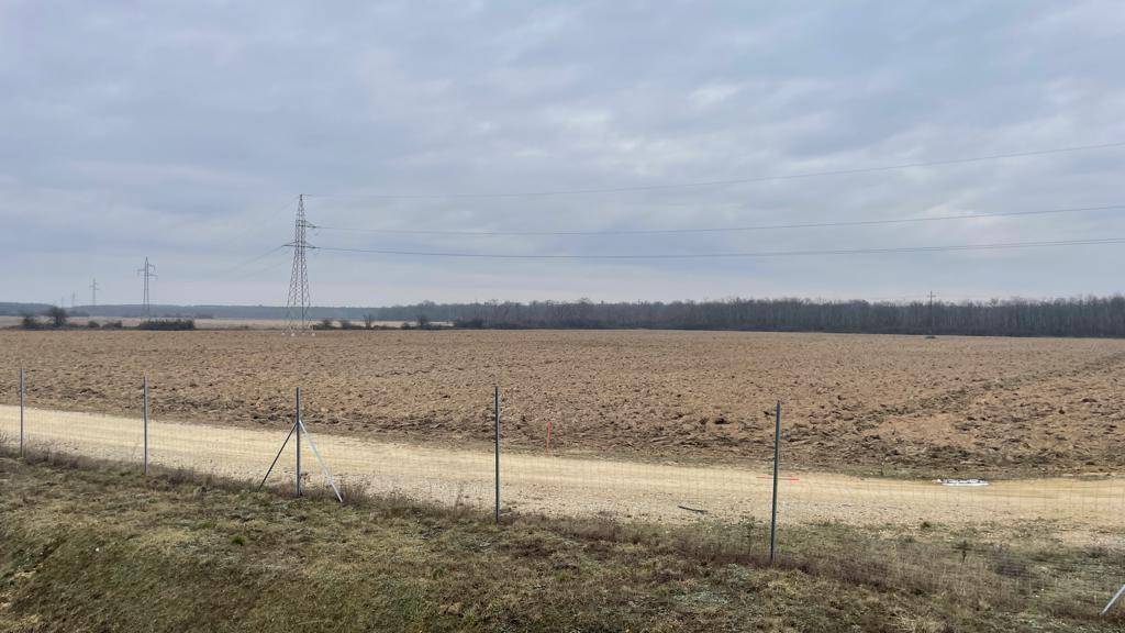 Weitläufiges, brachliegendes Feld mit einem Feldweg und Stromleitungen am Horizont.