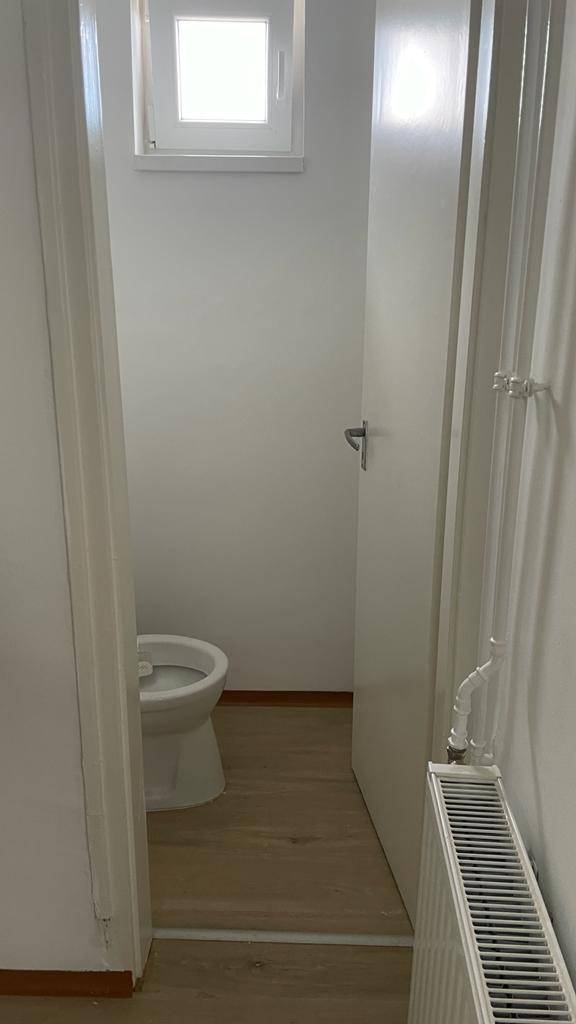Toilettenbereich mit Fenster, weiß gestrichenen Wänden und Laminatboden.