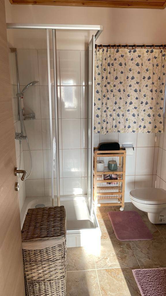 Badezimmer mit Duschkabine, WC und Waschkorb, hell und funktional.
