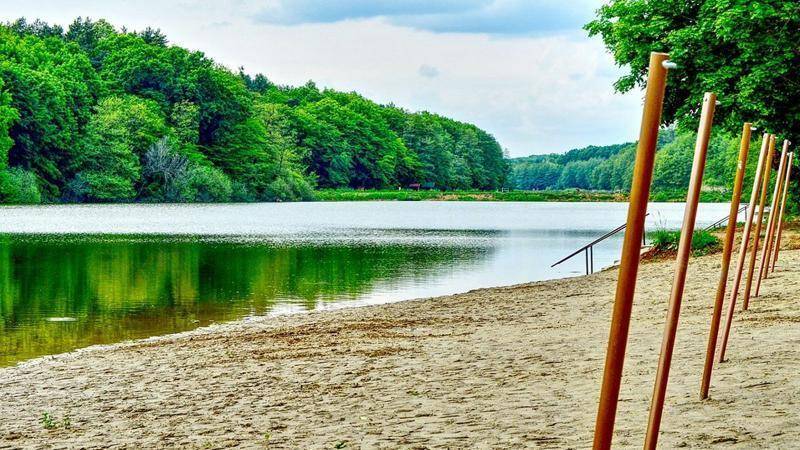 Sandstrand am Seeufer mit grünen Bäumen im Hintergrund und blauer Himmel.