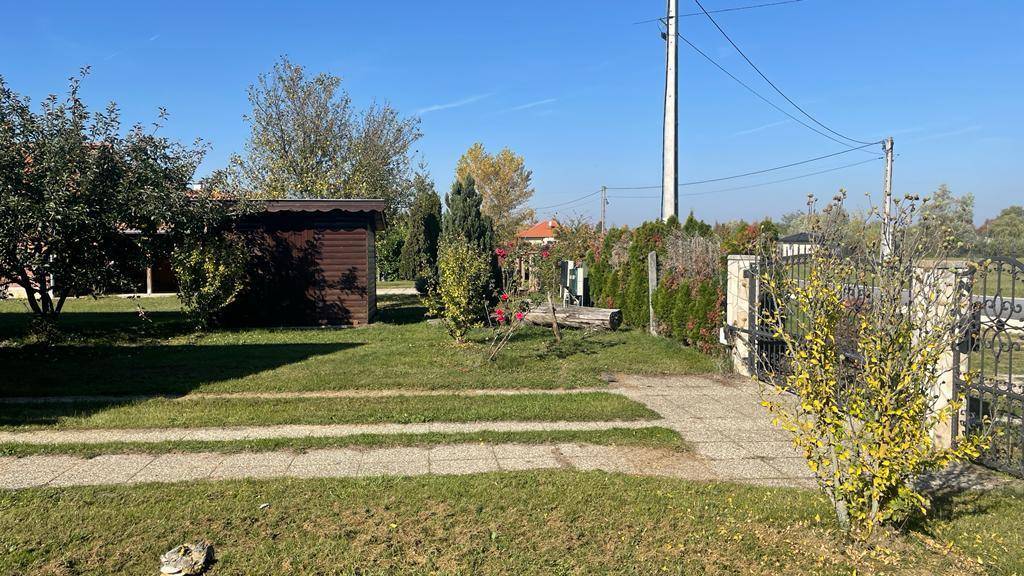 Vorgarten mit Rasenfläche, kleinem Schuppen und einem Weg zum Eingangstor.