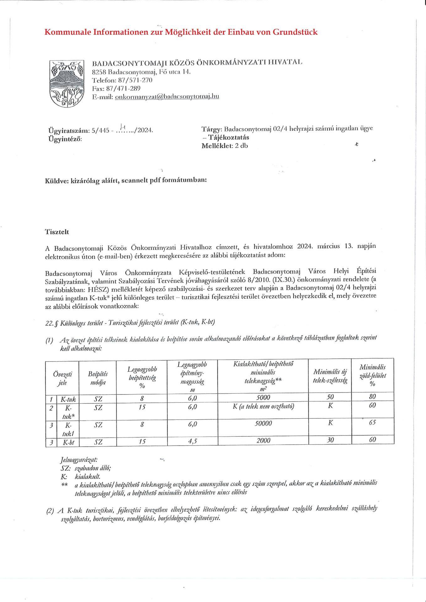 Badacsonytomaj 02p4 hrsz. önkormányzati állásfoglalás