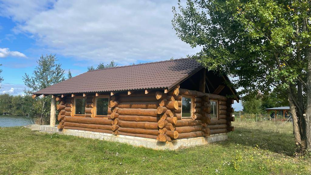 Charmantes Blockhaus am Seeufer mit braunem Dach und umgebender grüner Landschaft unter blauem Himmel.