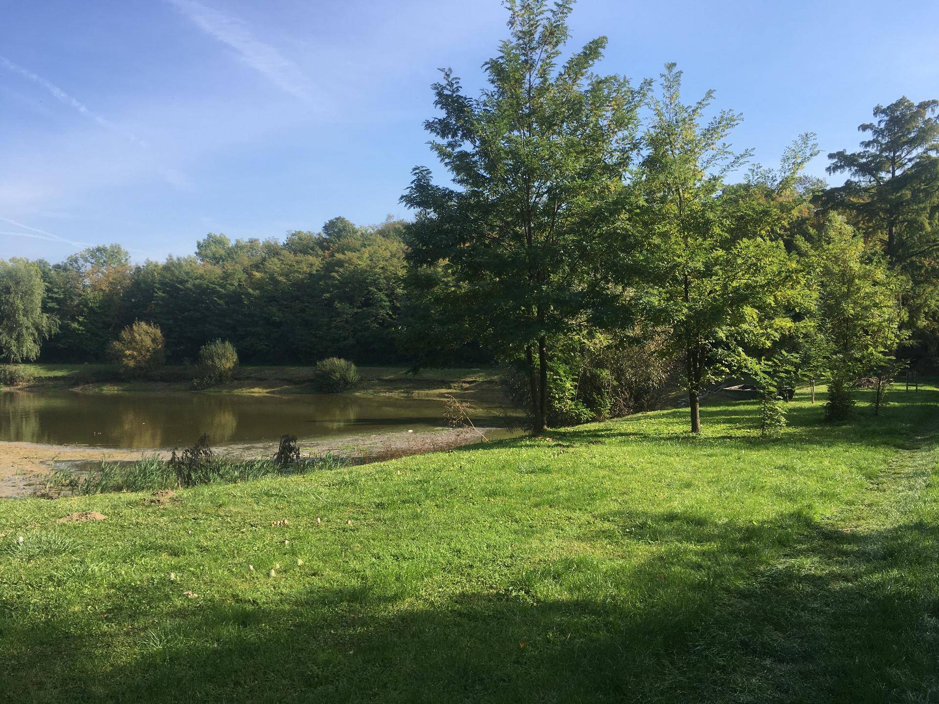 Großer See mit ruhigem Wasser und einer Struktur am gegenüberliegenden Ufer.