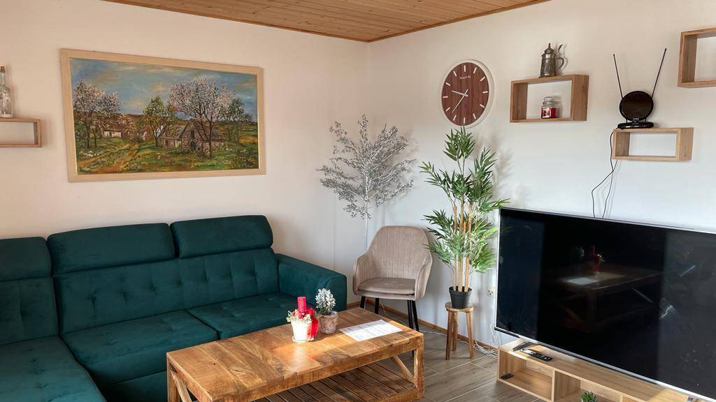 Gemütliches Wohnzimmer mit dunkelgrünem Sofa, Holztisch und Fernseher.