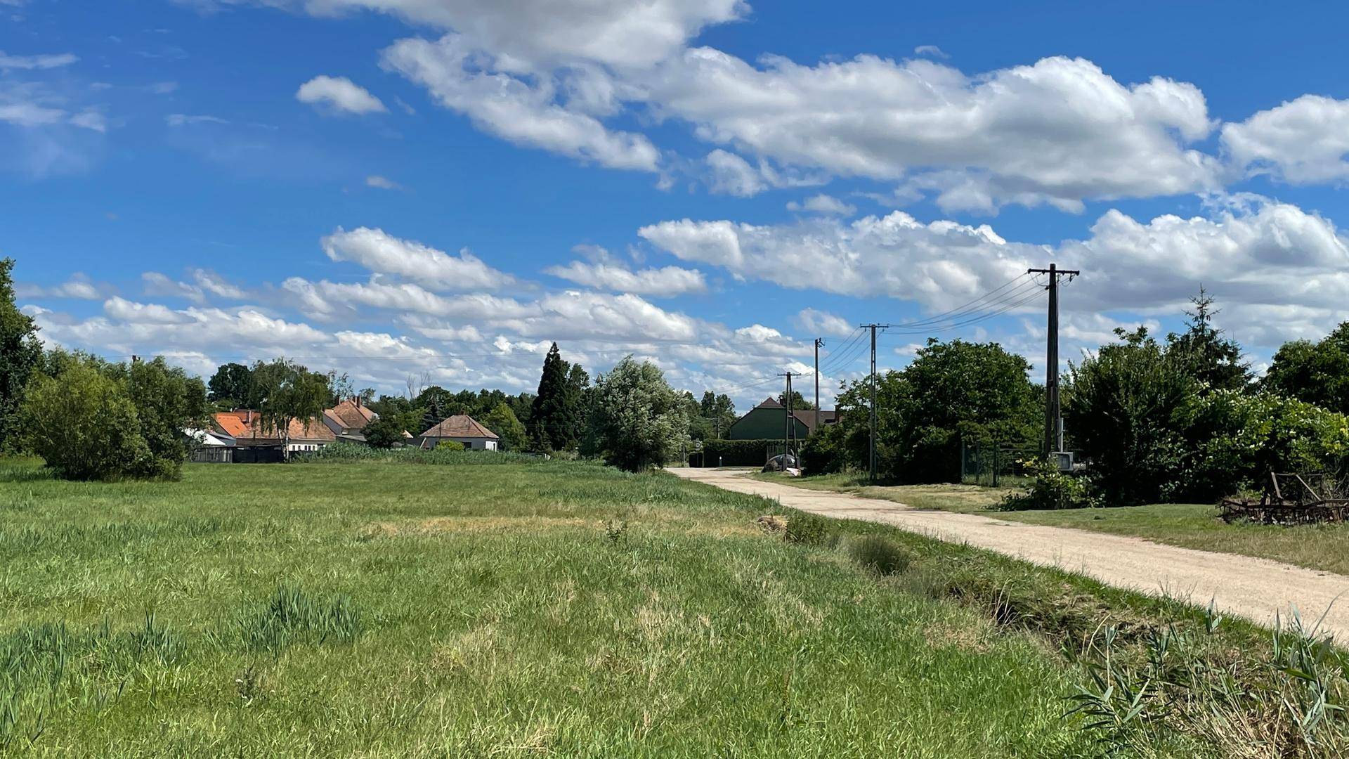Ländliche Szene mit einem Feldweg, weiten grünen Wiesen und Häusern am Horizont unter blauem Himmel.