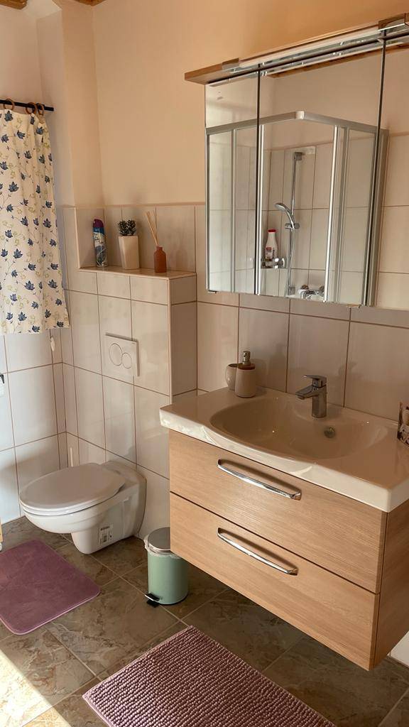 Badezimmer mit Waschbecken, WC und Spiegelschrank, hell gefliest.