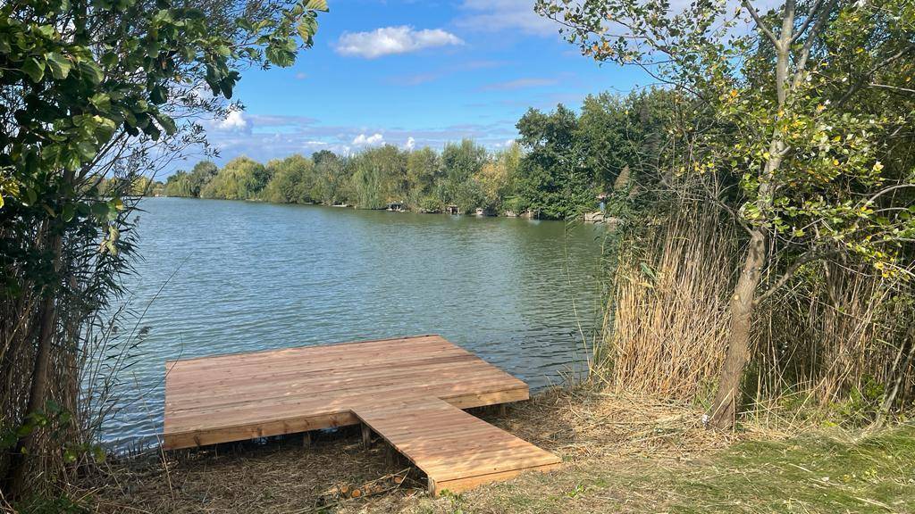 Holzsteg am Seeufer, eingebettet in die natürliche Vegetation mit Blick auf das weite Wasser.