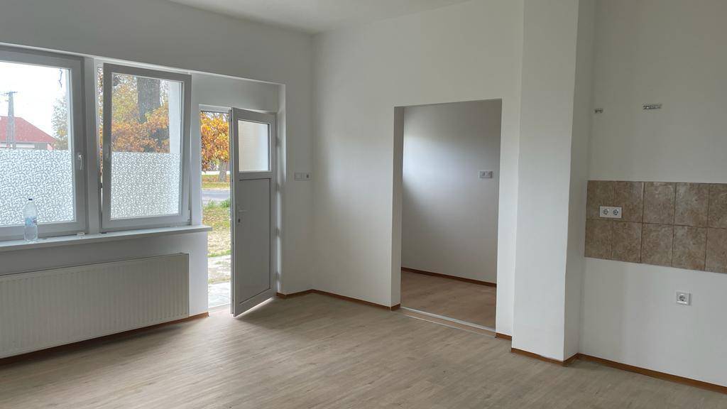 Heller Eingangsbereich mit Laminatboden, weiß gestrichenen Wänden und Zugang zu weiteren Räumen.