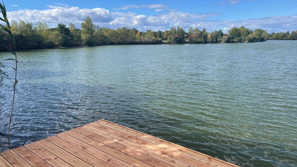 Sonniger Blick vom Holzsteg auf den weiten See und die grüne Uferlandschaft unter blauem Himmel.
