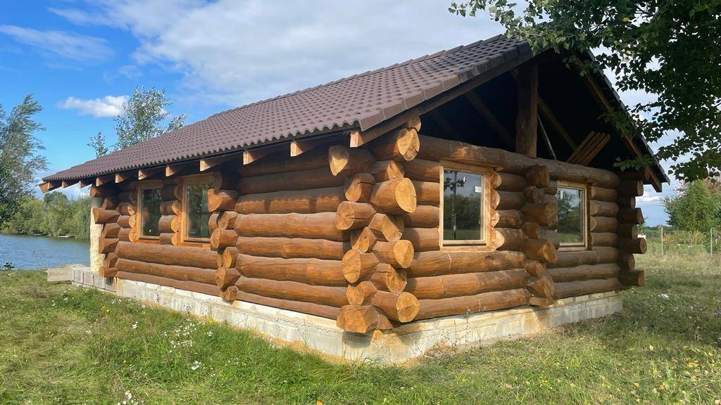 Charmantes Blockhaus am Seeufer unter einem bewölkten Himmel, umgeben von grünen Bäumen.