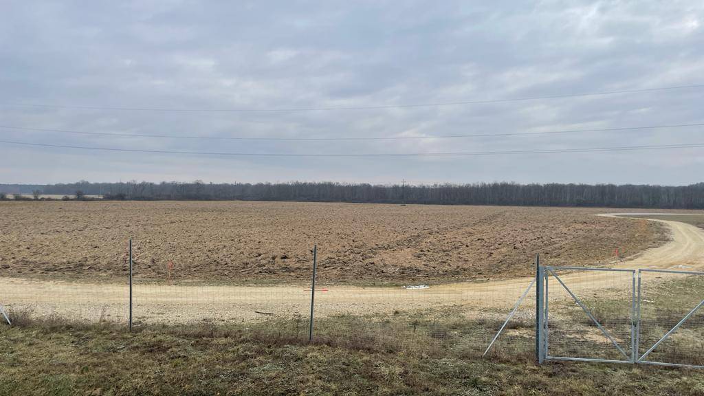 Weitläufiges, brachliegendes Feld mit Metalltor und Stromleitungen am Horizont.