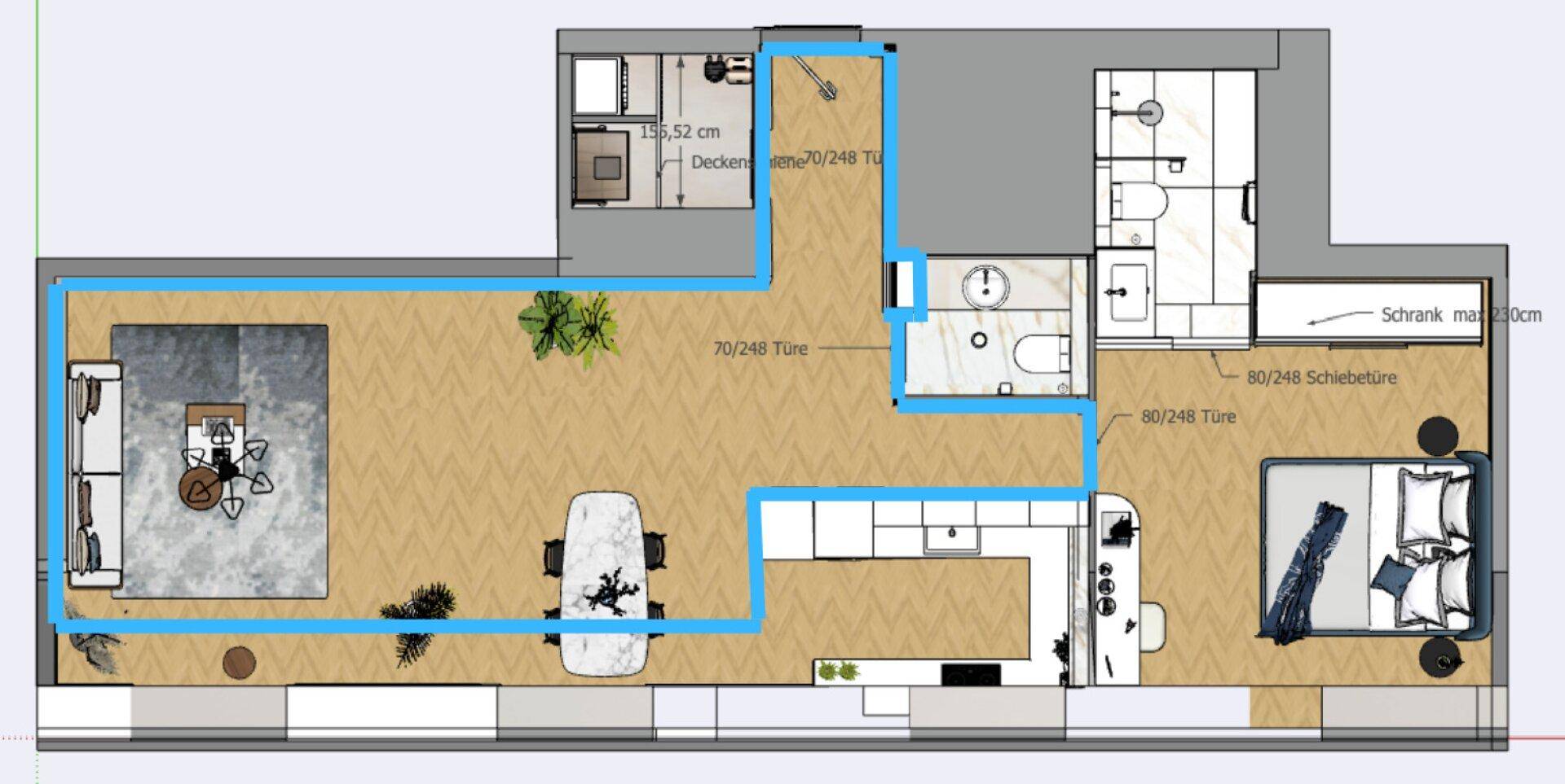 Detaillierter Grundriss einer Wohnung mit offenem Wohnbereich, Küche und zwei Bädern.