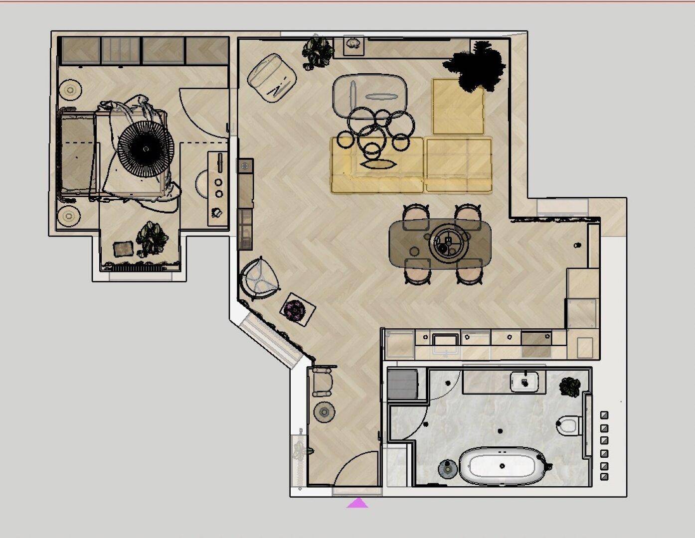 Grundriss einer Wohnung mit Schlafzimmer, offenem Wohnbereich und Badezimmer.