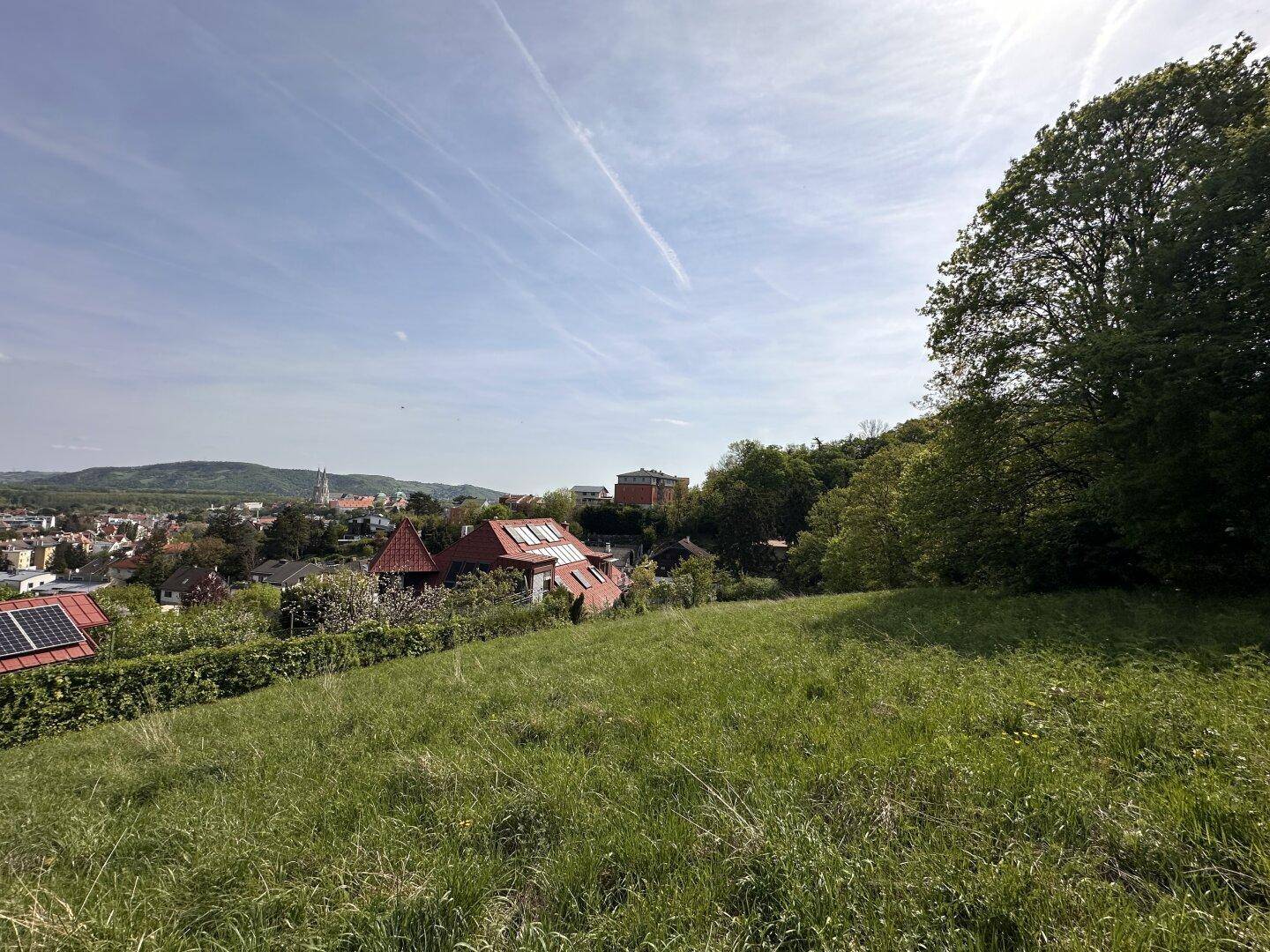 Weitläufige grüne Wiese mit Blick auf die umliegende Stadt und bewaldete Hügel.