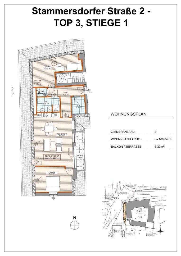 Detaillierter Wohnungsplan mit drei Zimmern, Balkon und einer Wohnfläche von ca. 100,84 m².