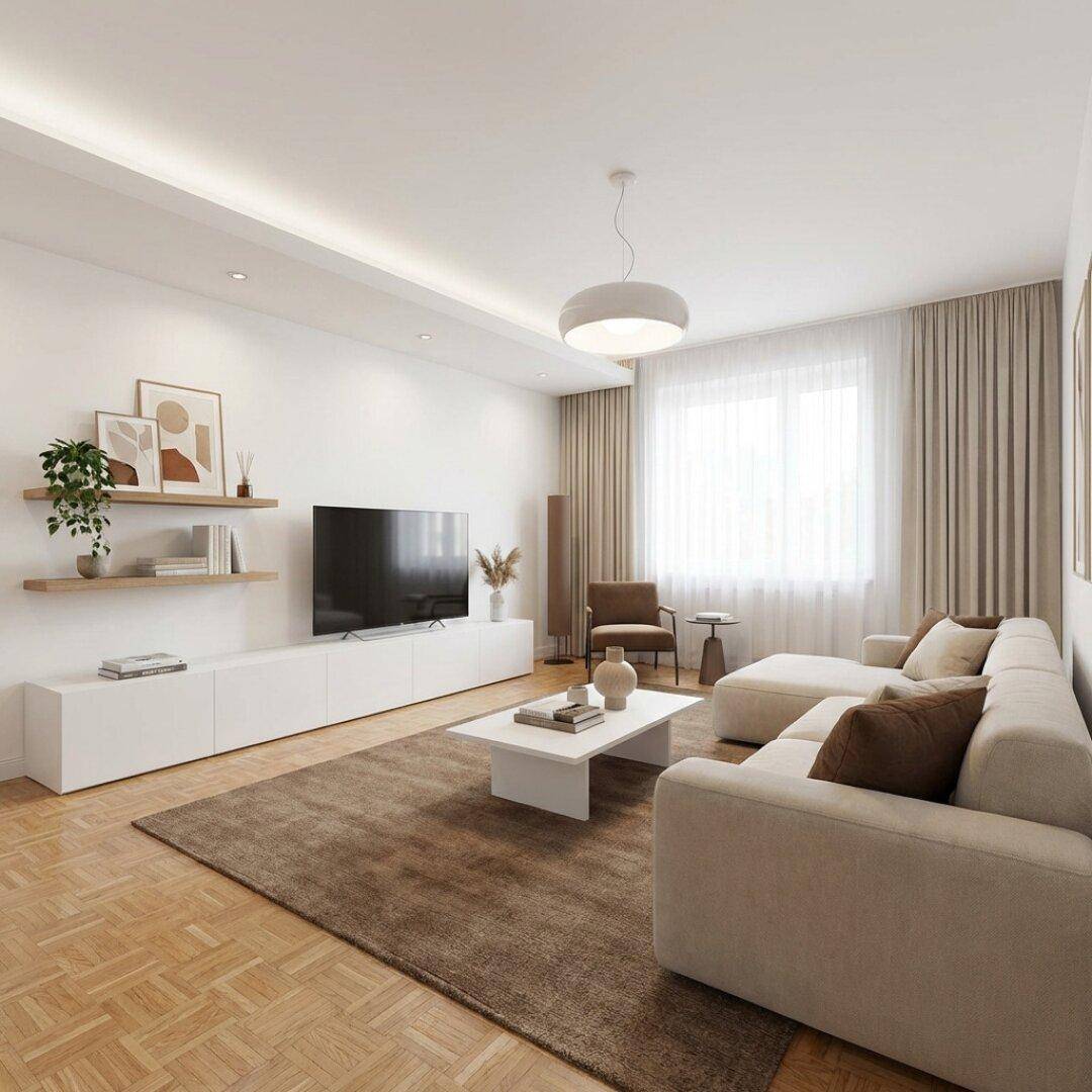 Modernes Wohnzimmer mit heller Einrichtung, Parkettboden und indirekter Deckenbeleuchtung.