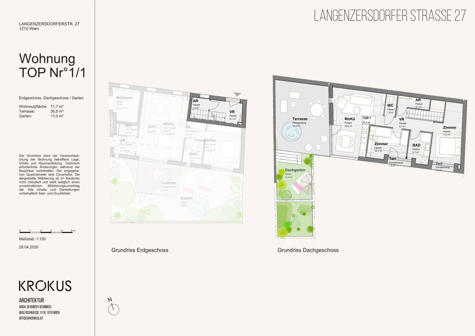 Grundriss der Wohnung TOP Nr°1/1 mit Erdgeschoss und Dachgeschoss, inklusive Terrasse und Garten.