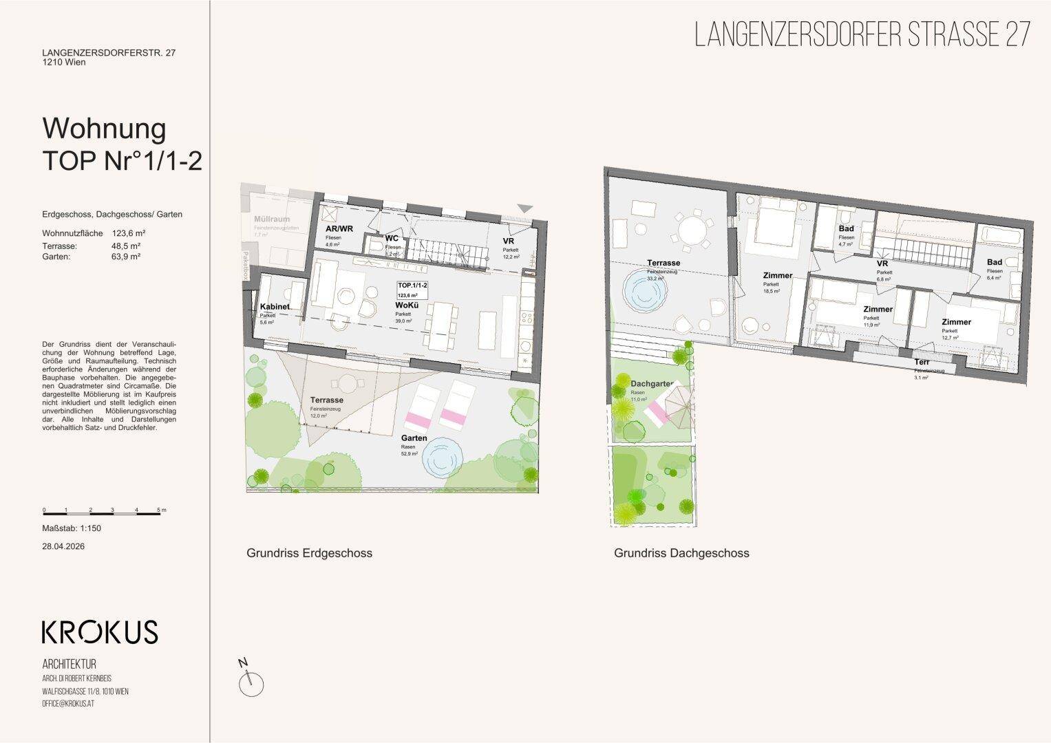 Grundriss einer Maisonette-Wohnung mit Erdgeschoss, Dachgeschoss, Garten und Terrassen.