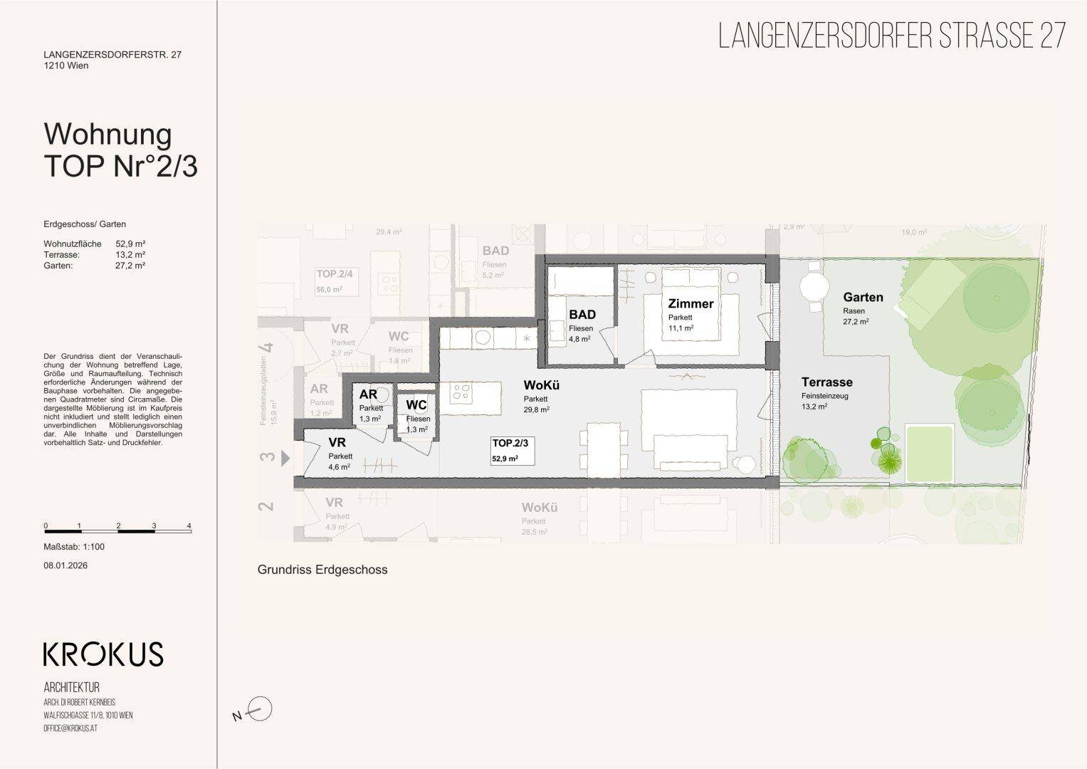 Grundriss der Erdgeschosswohnung mit offener Wohnküche, Bad, separatem WC, Terrasse und Garten.