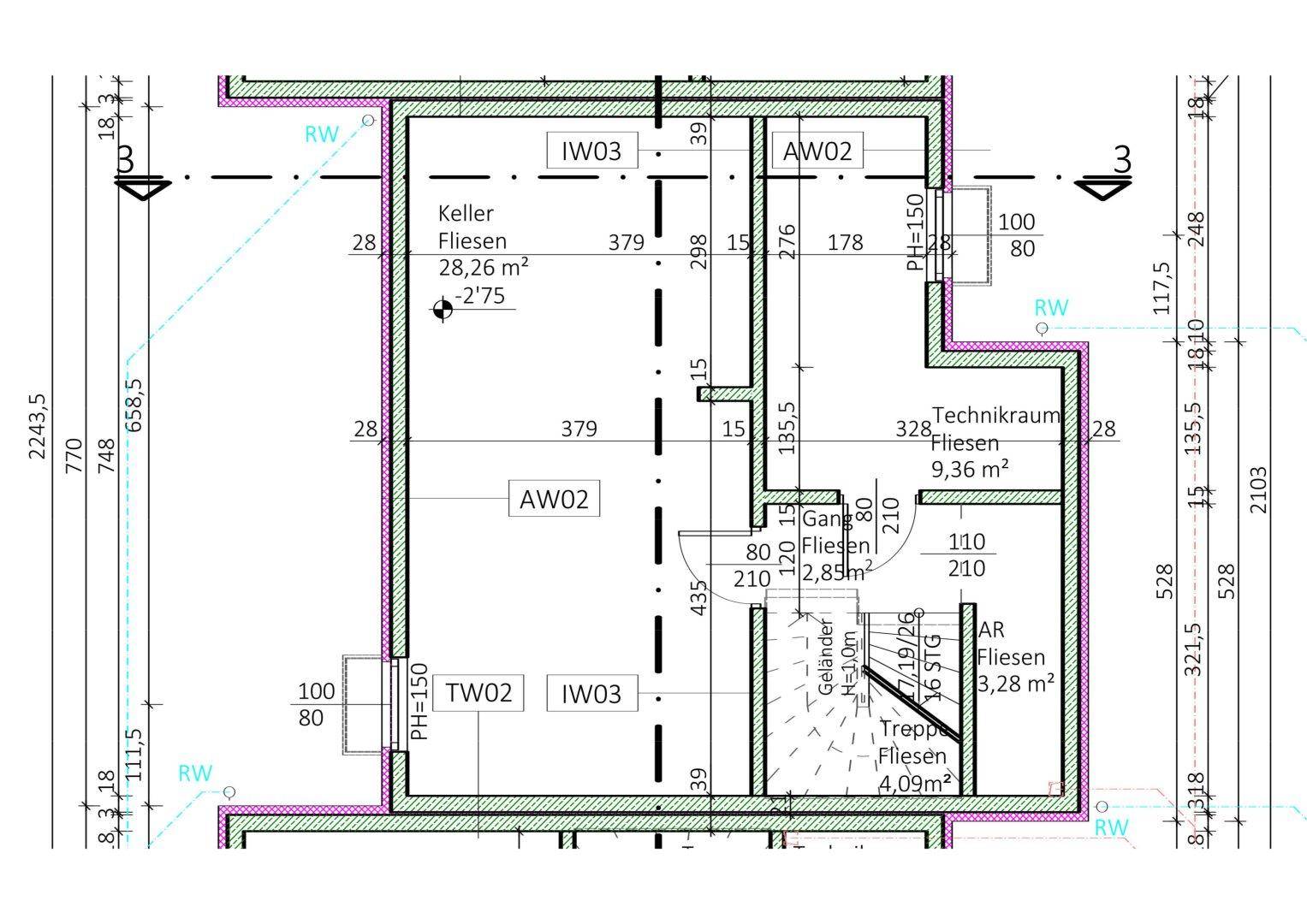Grundriss des Kellergeschosses mit Kellerraum, Technikraum und Treppenaufgang, übersichtlich dargestellt.