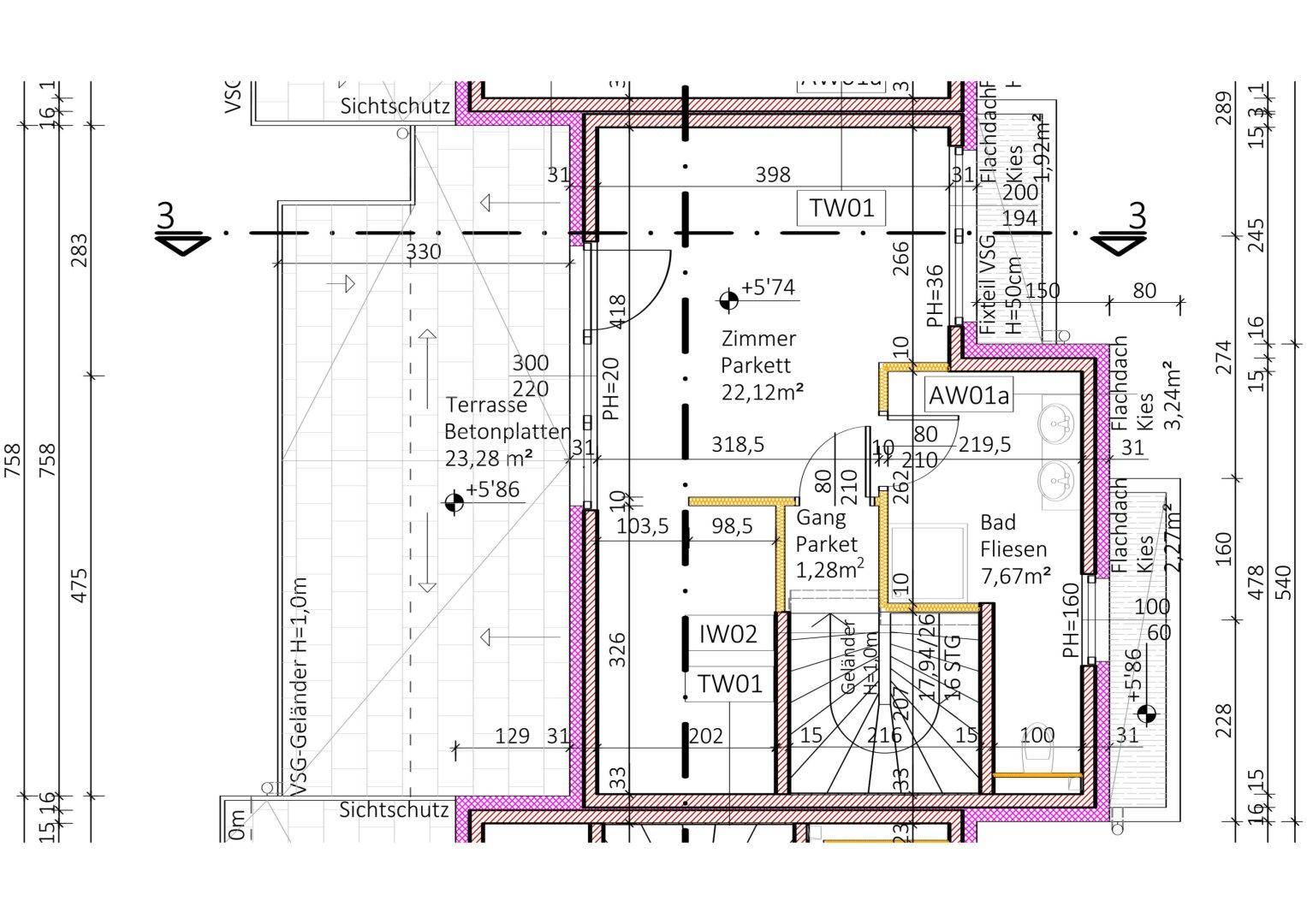 Grundriss des Dachgeschosses mit großer Terrasse und Badezimmer, bietet viel Freiraum.