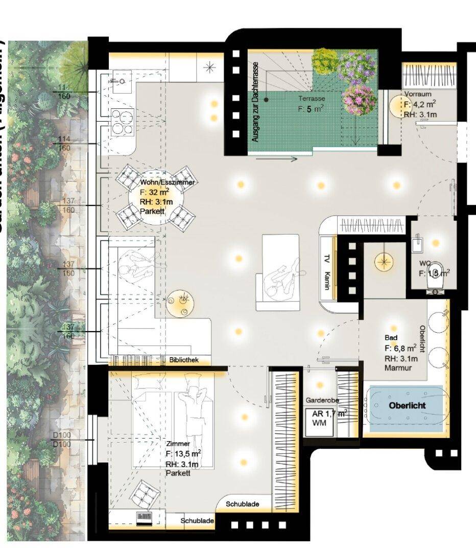 Grundriss einer Dachgeschosswohnung mit Wohn-/Esszimmer, Schlafzimmer, Bibliothek und Terrasse.
