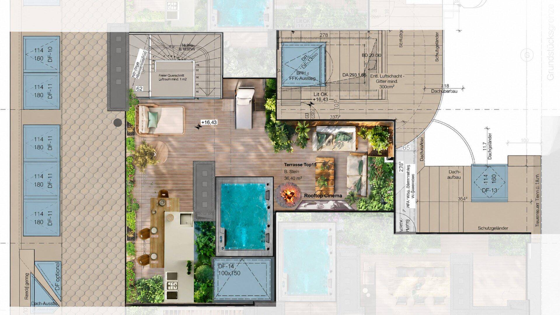 Detaillierter Grundriss einer Dachterrasse mit Pool, Whirlpool und verschiedenen Sitzbereichen.