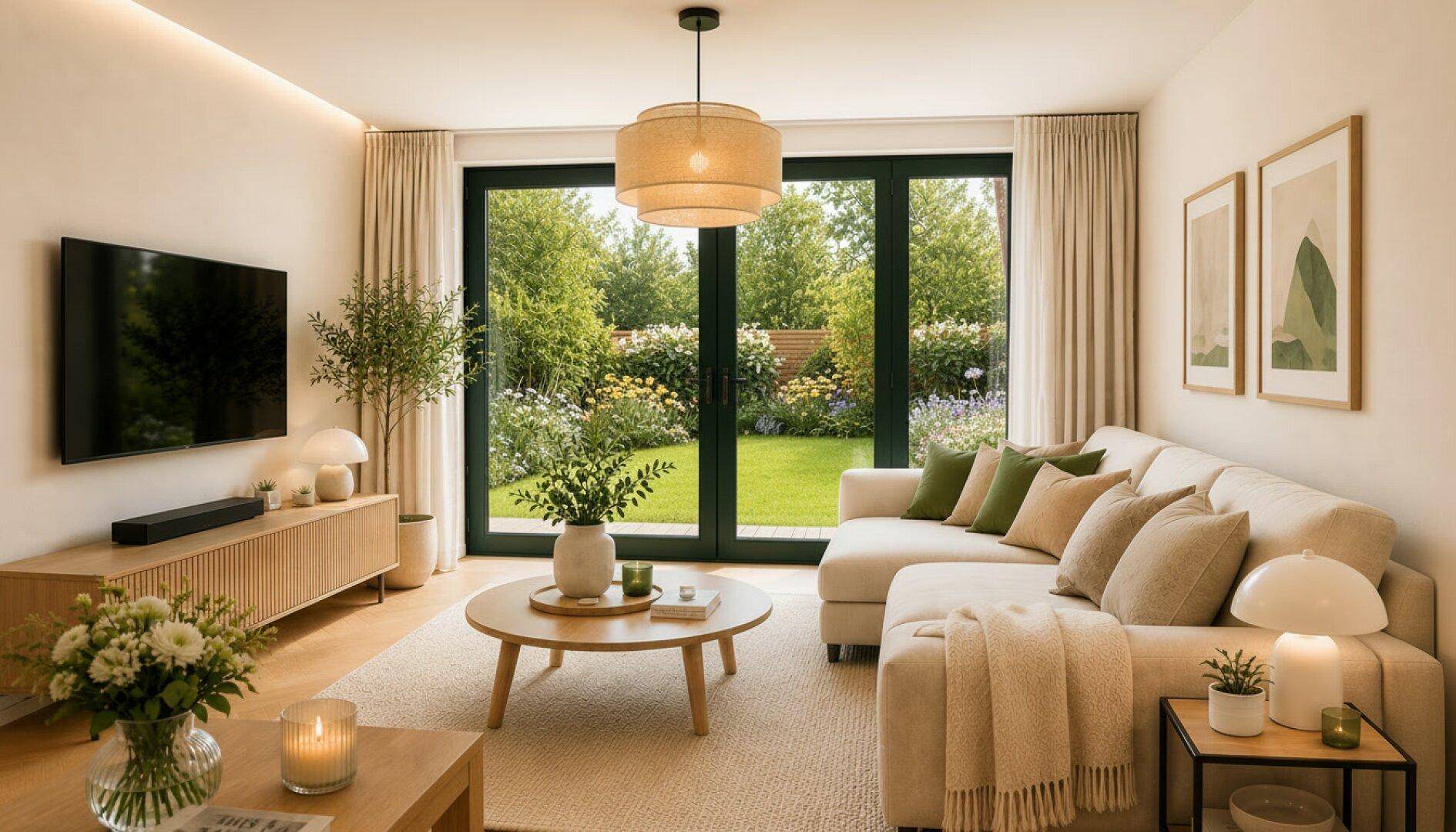 Helles Wohnzimmer mit beigem Sofa, Holzakzenten und direktem Zugang zum grünen Garten.
