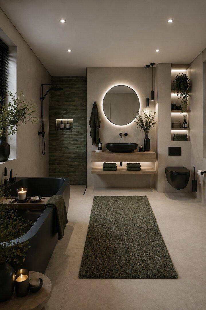 Elegantes Badezimmer in dunklen Tönen mit freistehender Badewanne und modernem Waschtisch.