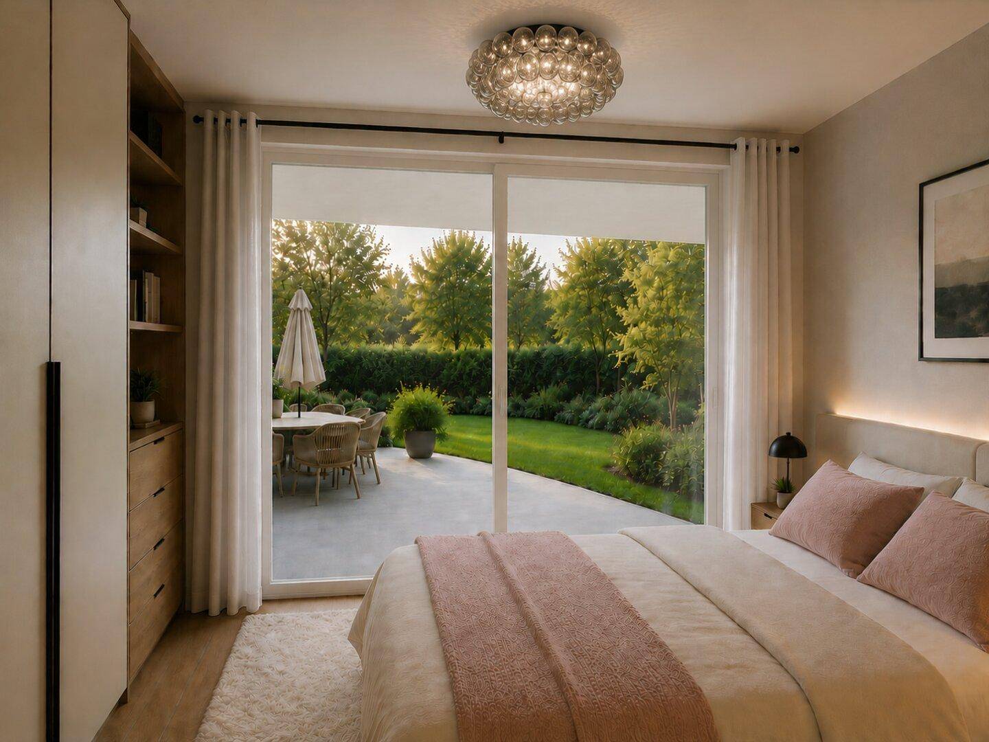 Gemütliches Schlafzimmer mit großem Bett, Einbauschrank und direktem Zugang zur Terrasse.