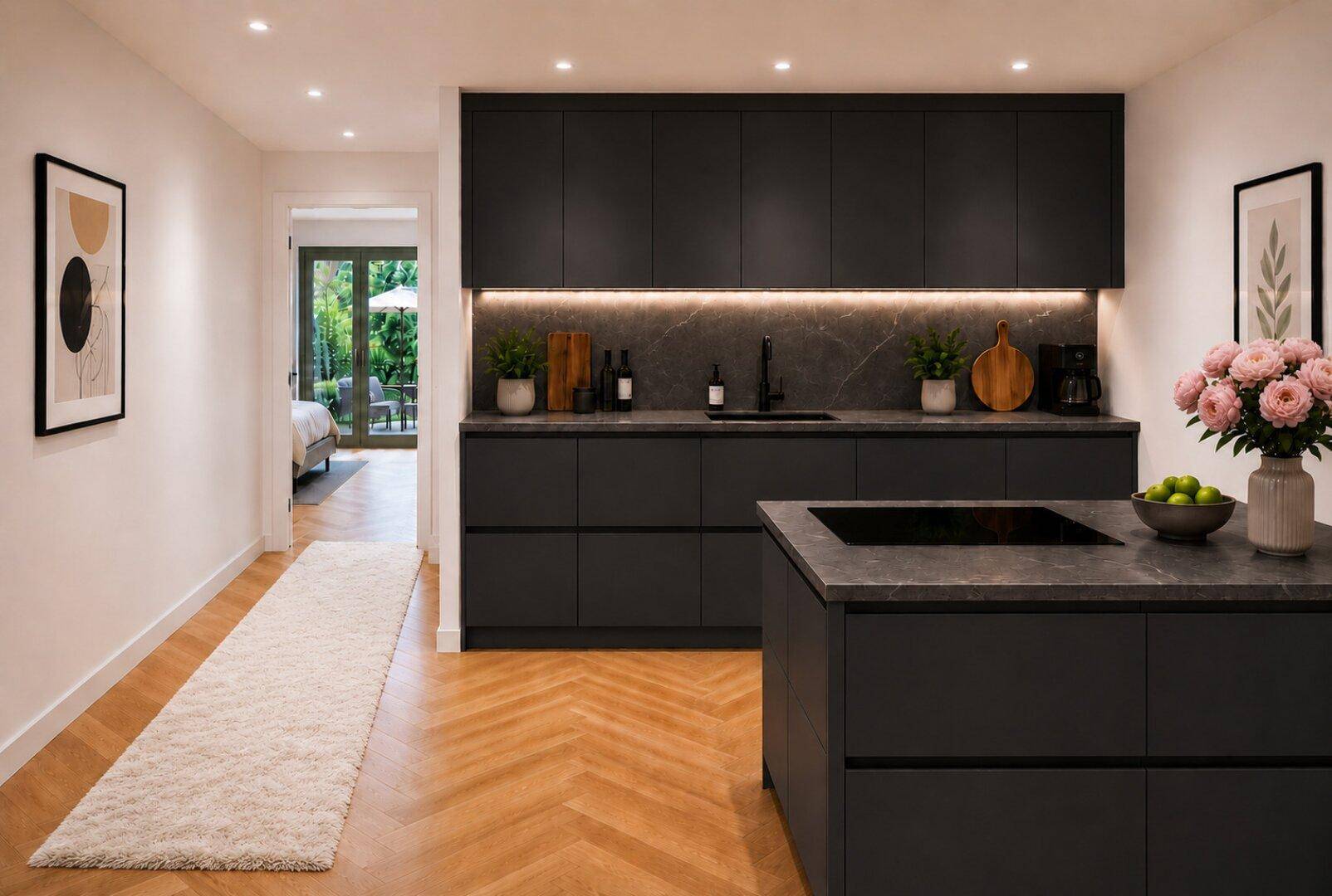 Moderne schwarze Küche mit Kochinsel, dunklen Arbeitsplatten und Blick in den Garten.