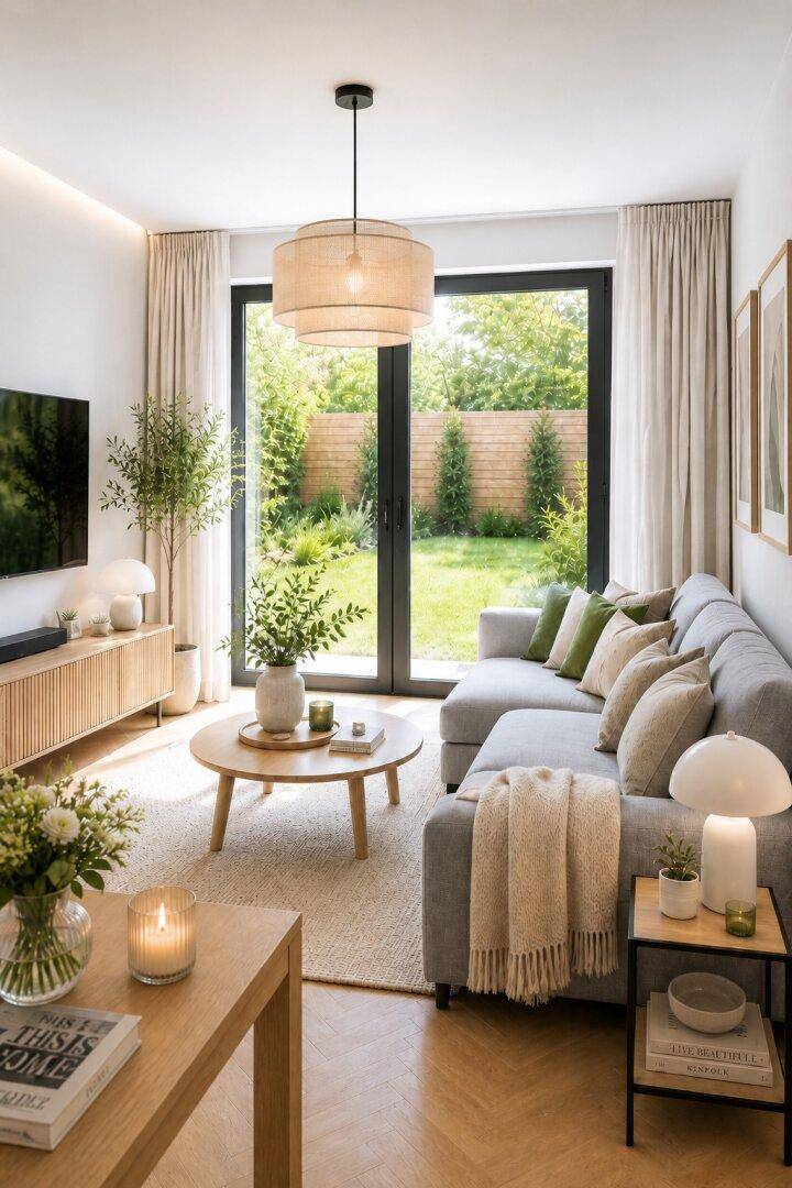 Gemütliches Wohnzimmer mit direktem Zugang zum Garten und viel natürlichem Licht.