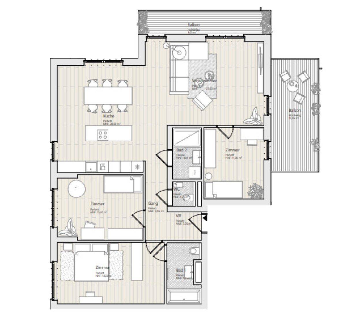 Detaillierter Grundriss einer Wohnung mit drei Zimmern, zwei Bädern und Balkonen.