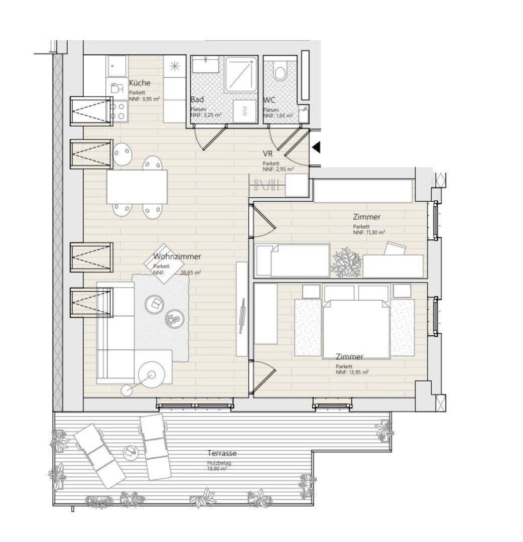 Grundriss einer Wohnung mit offenem Wohnbereich, Küche, zwei Schlafzimmern, Bad, separatem WC und großer Terrasse.