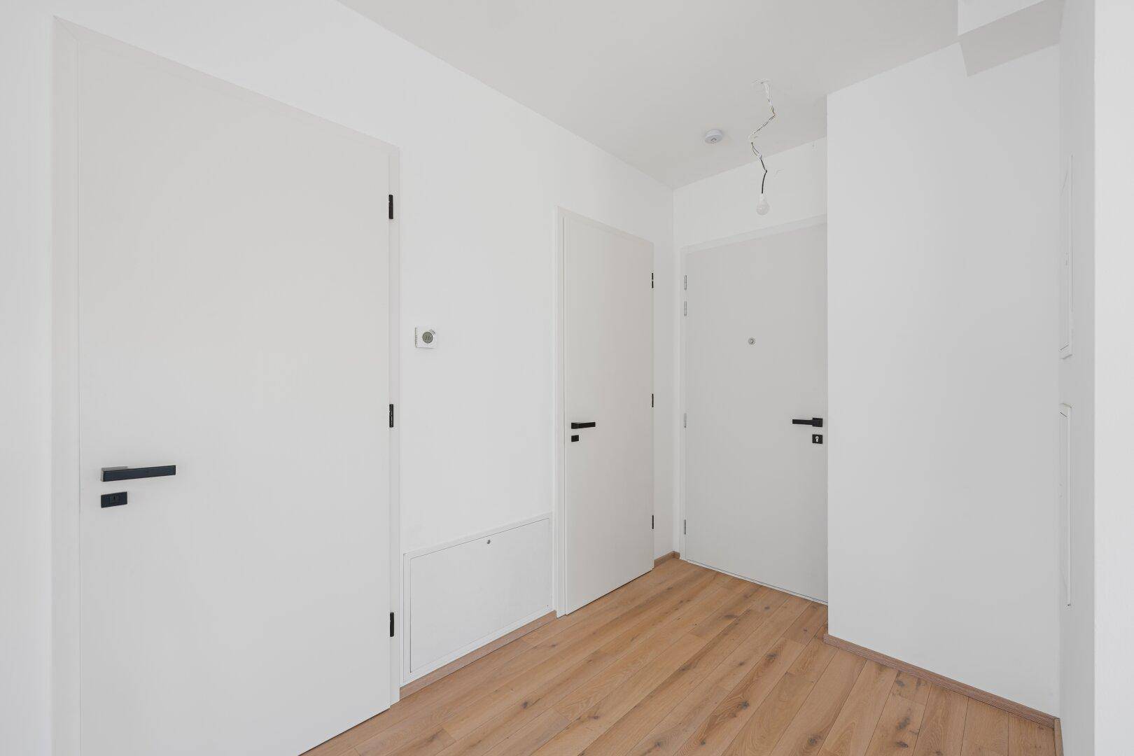 Heller Flur mit Holzboden und mehreren weißen Türen in modernem Design.