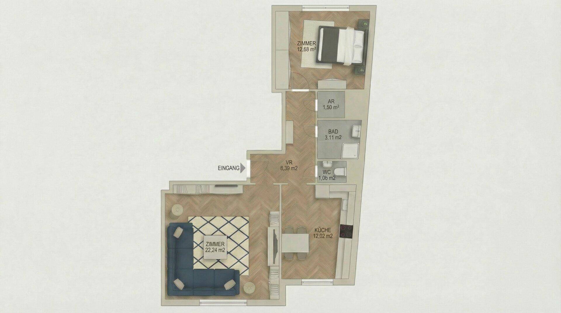Grundriss einer Zweizimmerwohnung mit separatem WC, modernem Bad, integrierter Küche und Parkettboden.