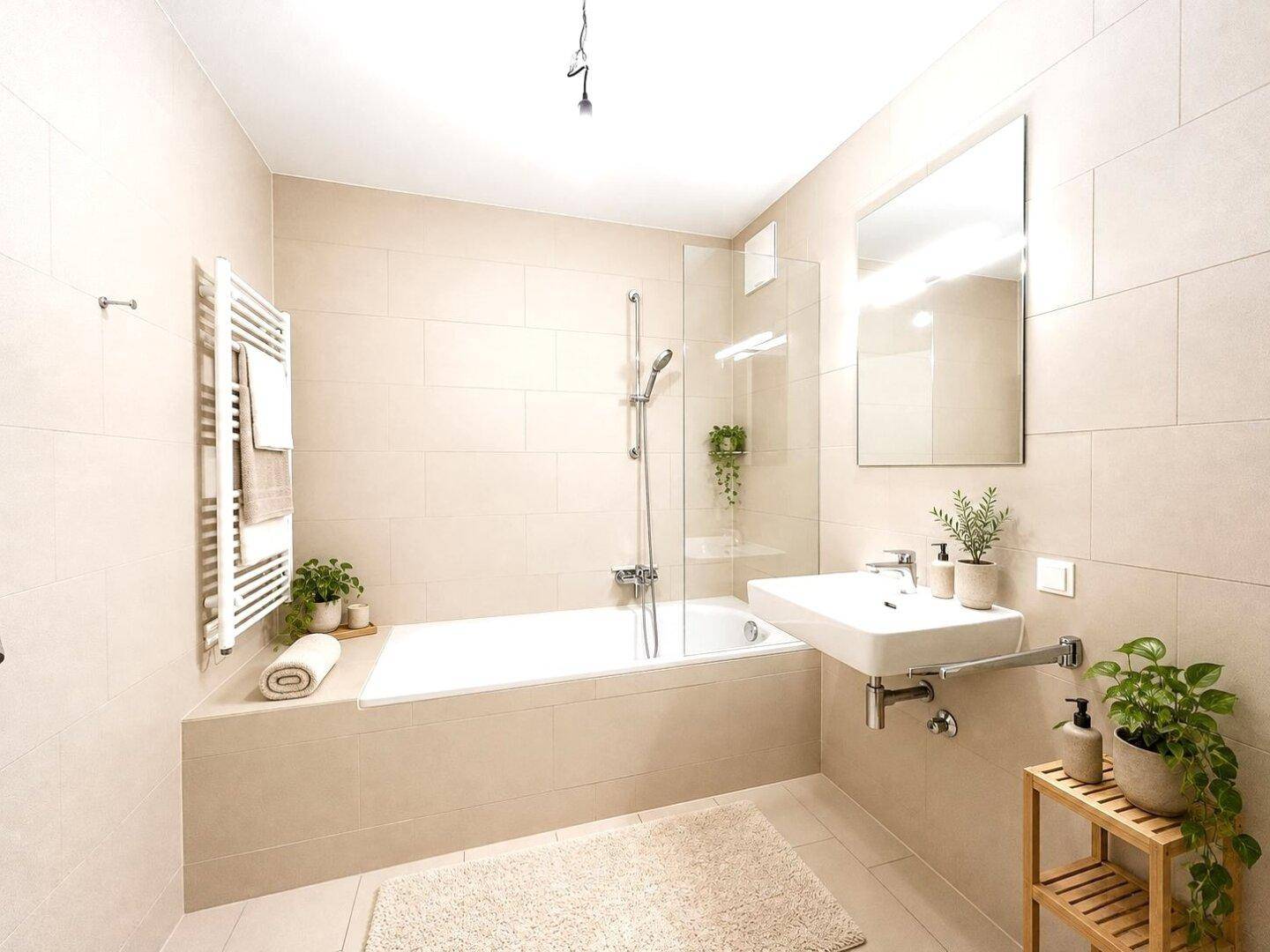 Modernes Badezimmer mit Badewanne, Duschvorrichtung und stilvoller Dekoration.