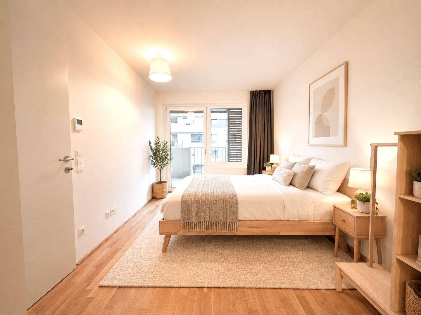 Gemütliches Schlafzimmer mit Doppelbett, Nachttischen und Balkonzugang.