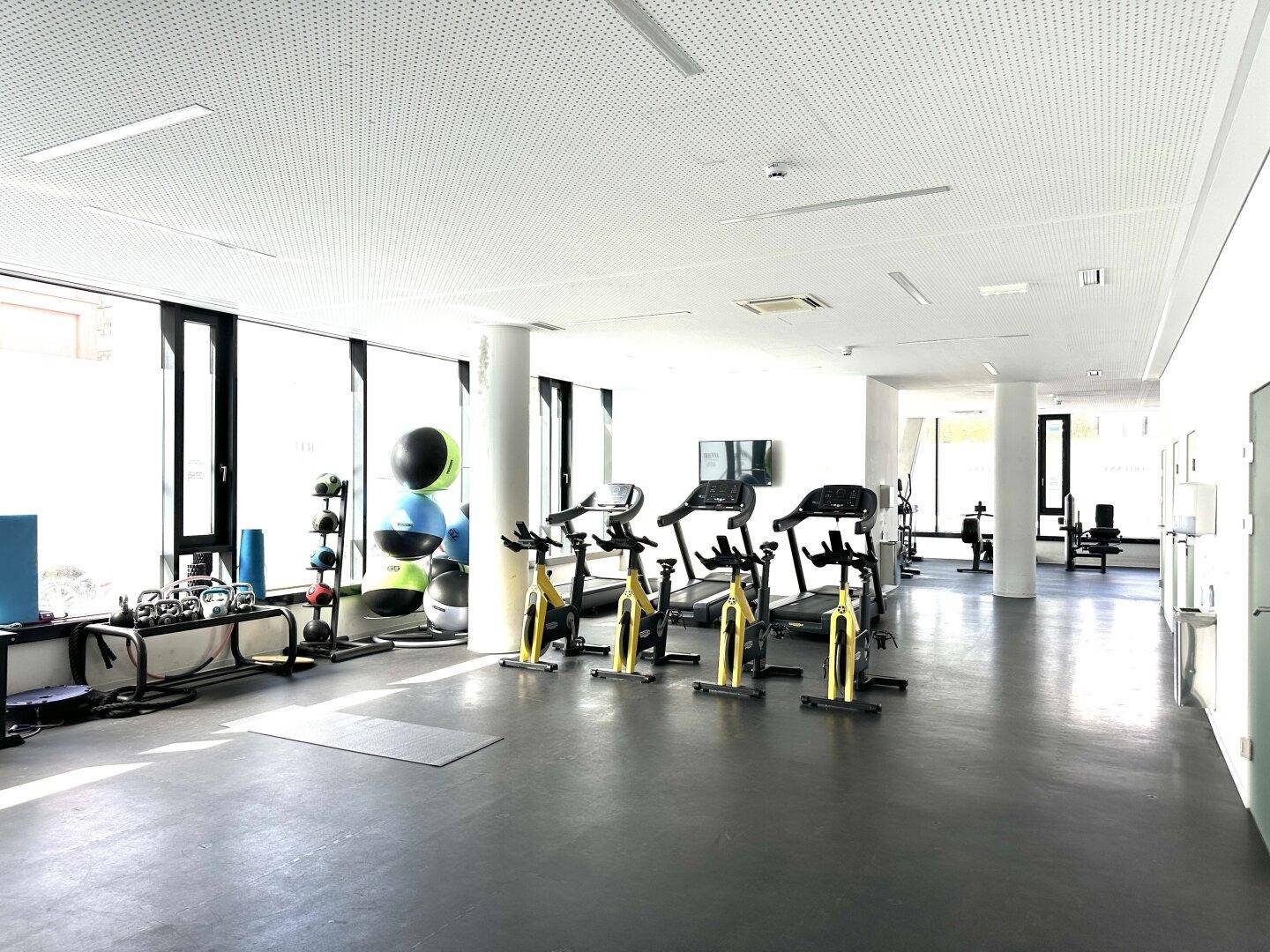 Moderner Fitnessraum mit Laufbändern, Fahrrädern und Hanteln für das Training.
