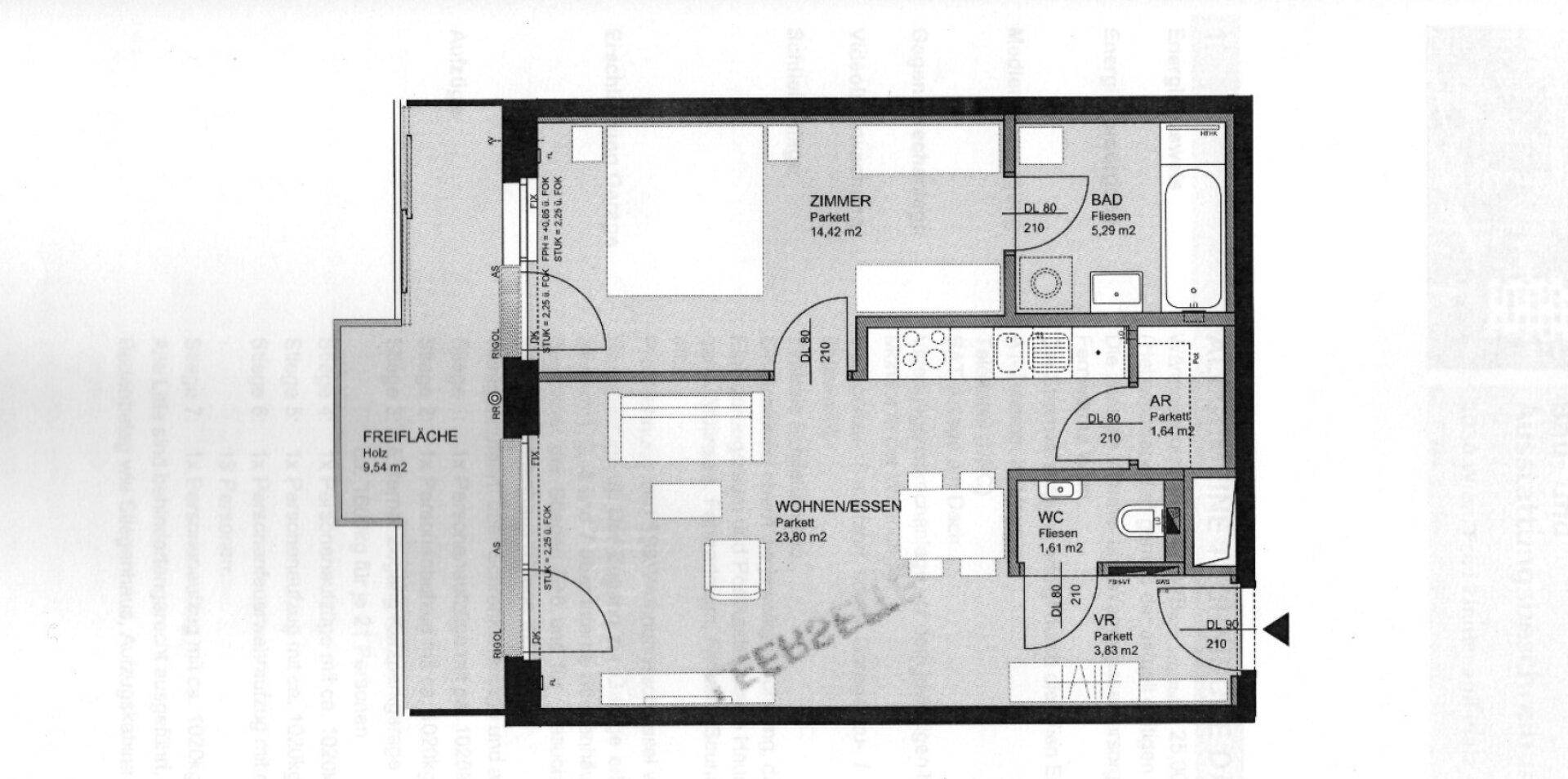 Grundriss einer Wohnung mit Wohn-Essbereich, Schlafzimmer, Bad und Balkon.