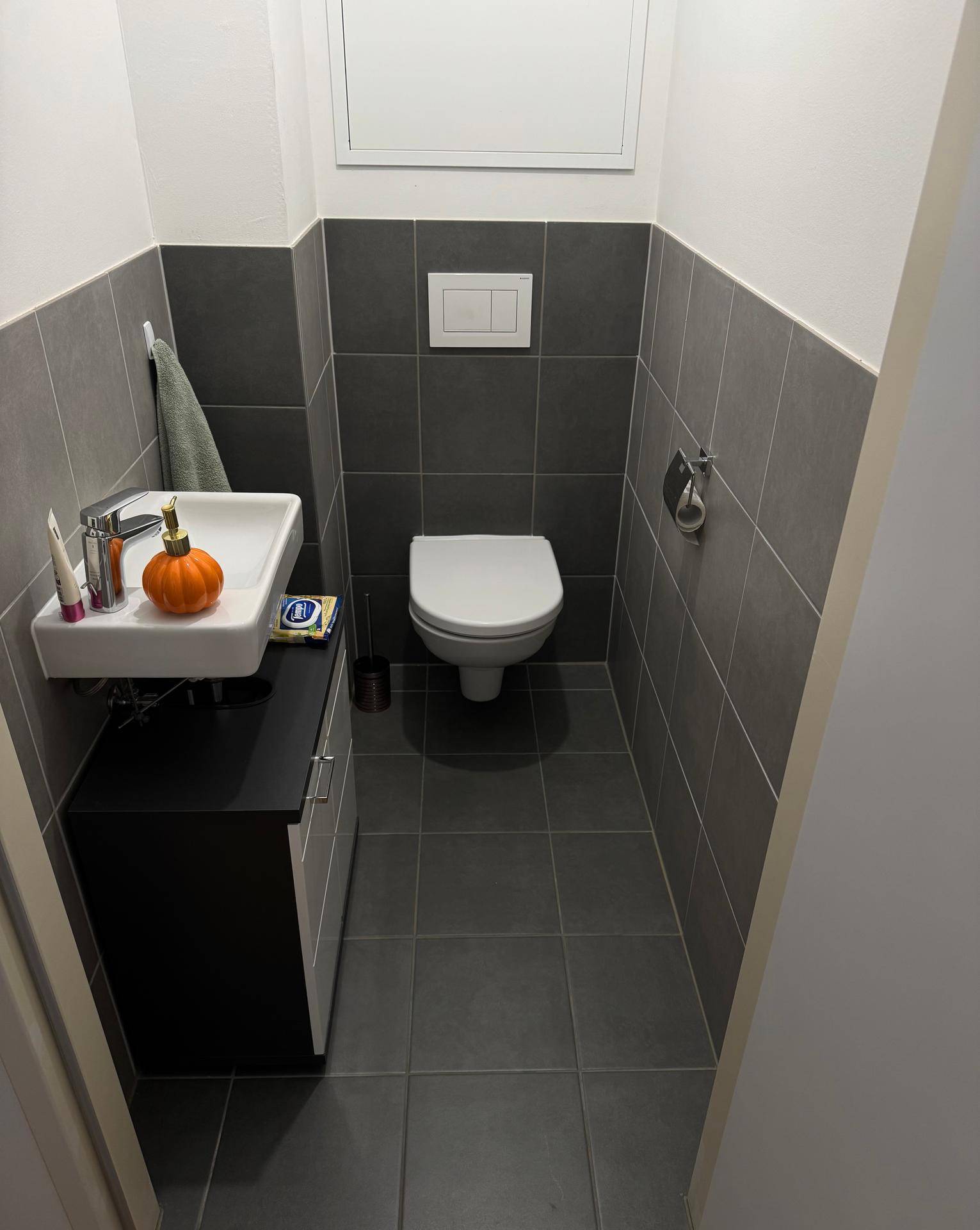 Modernes Gäste-WC mit dunklen Fliesen, wandhängendem WC und kleinem Waschbecken.