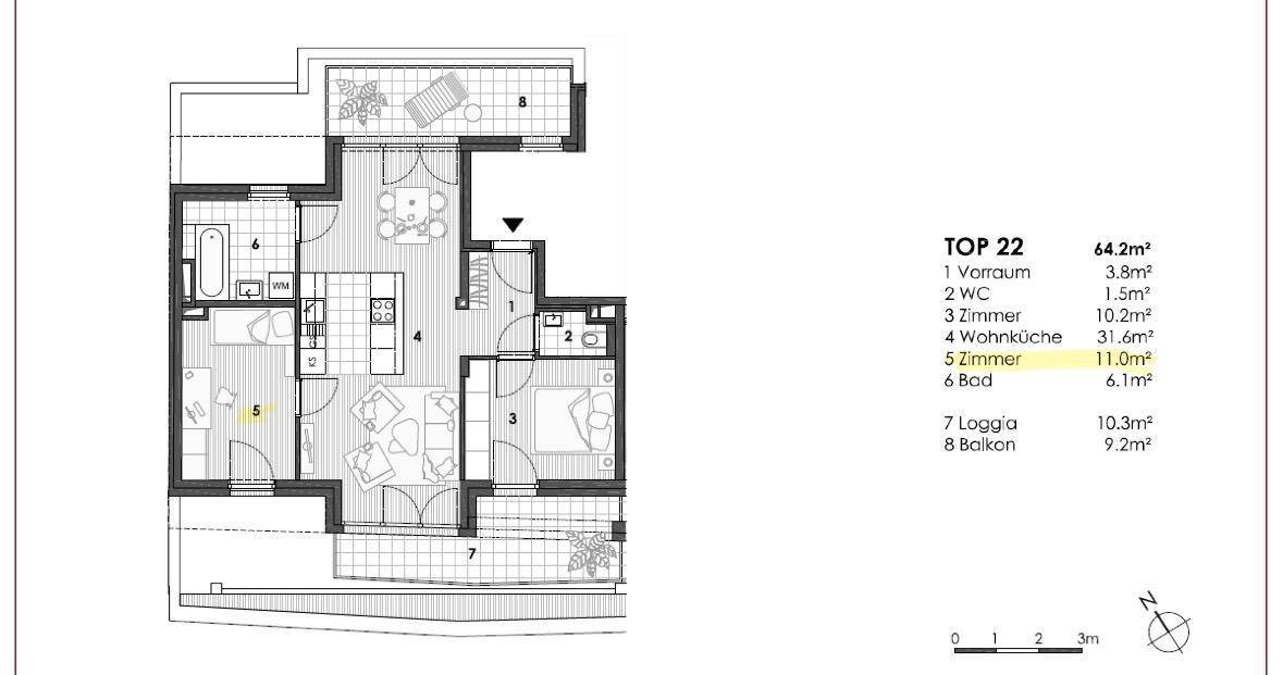 Detaillierter Grundriss der Wohnung "TOP 22" mit Raumaufteilung und Flächenangaben.
