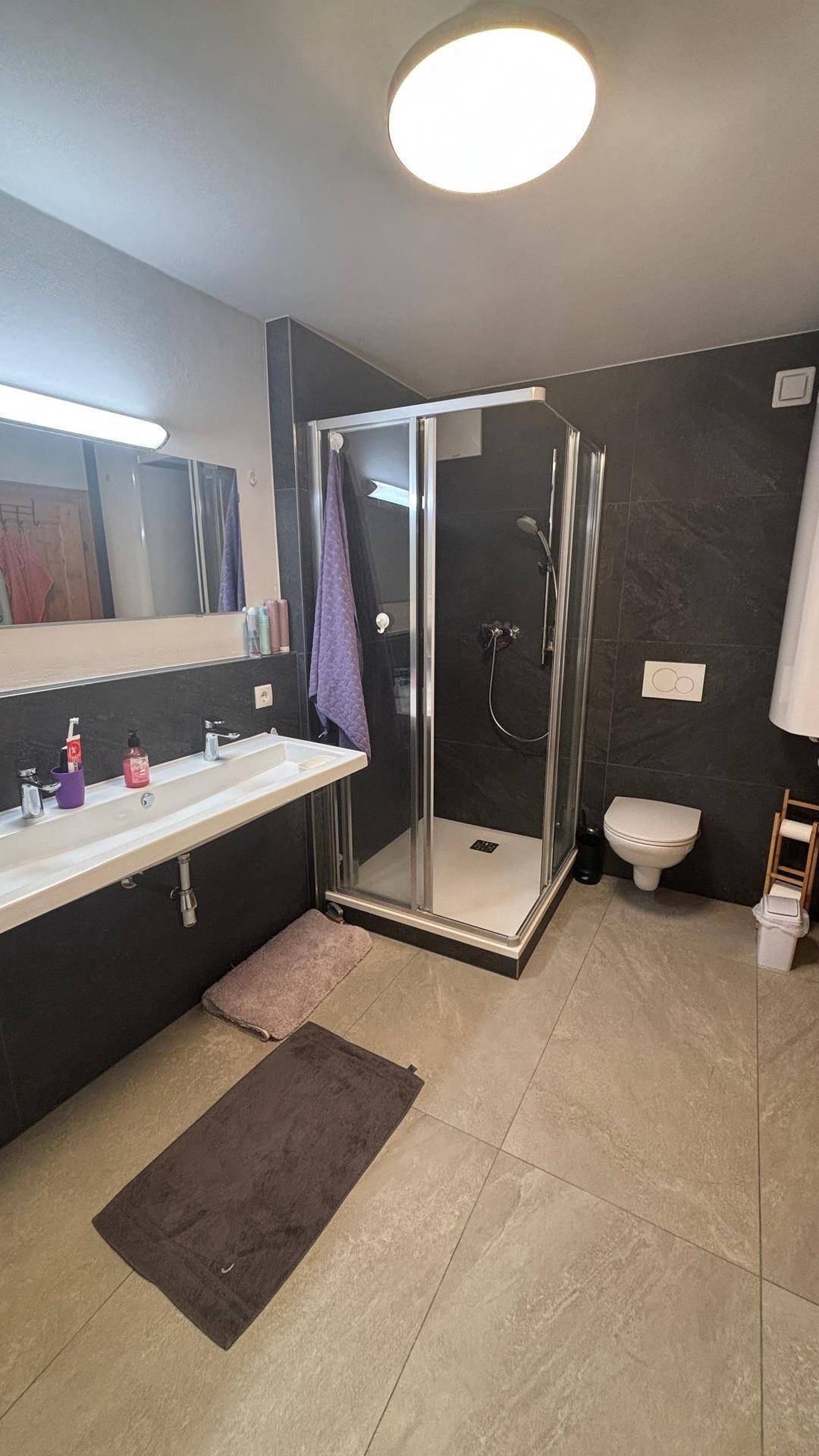 Modernes Badezimmer mit großer Duschkabine, Doppelwaschbecken und dunklen Fliesen an Wänden und Boden.
