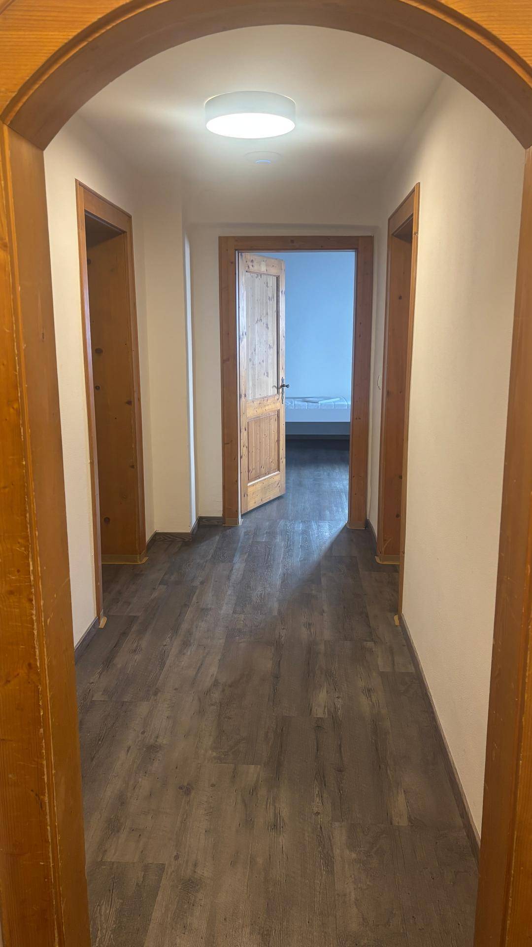 Heller Flur mit dunklem Laminatboden, Holztüren und einem runden Deckenlicht, der zu weiteren Räumen führt.