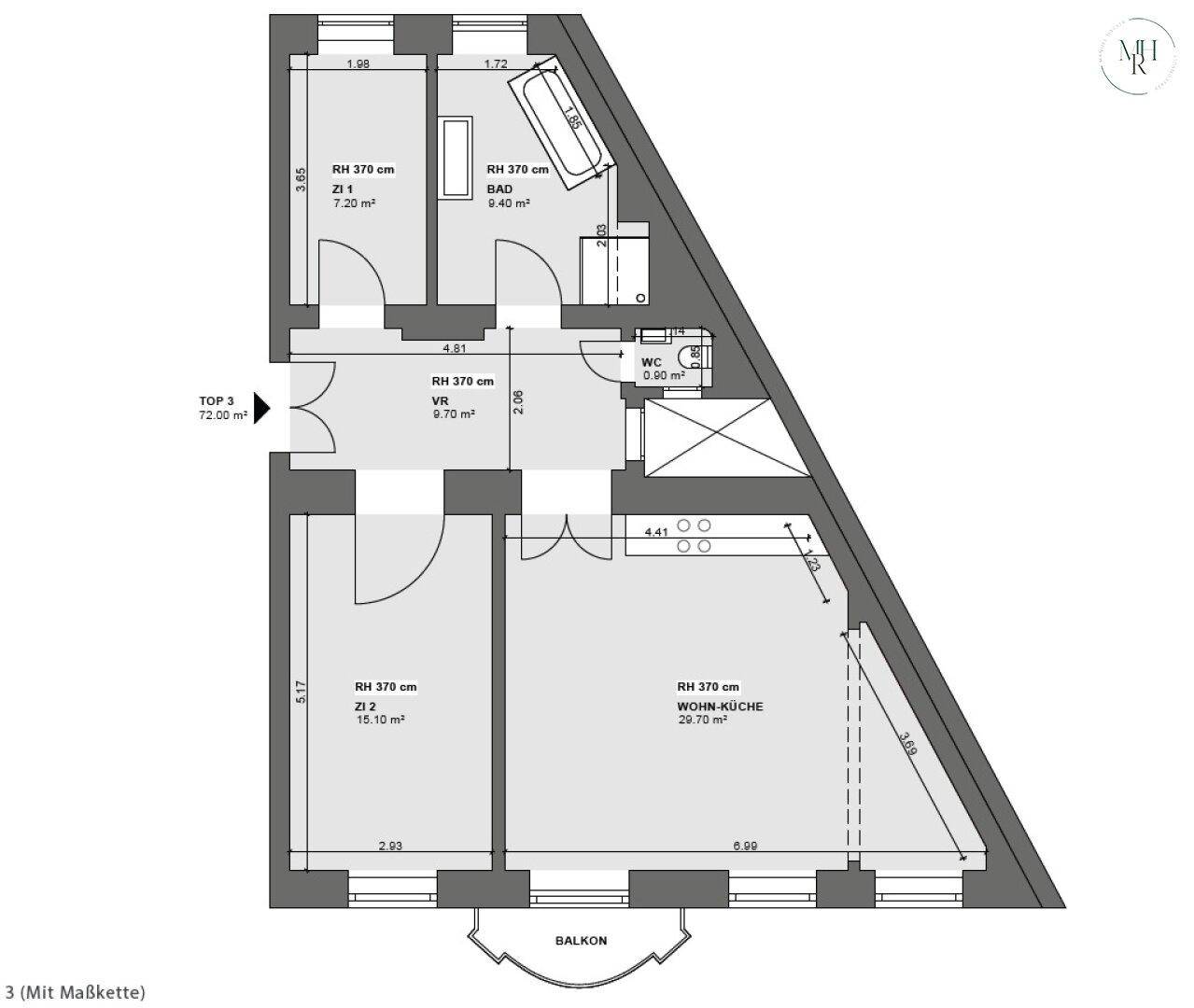 Grundriss der Wohnung mit zwei Schlafzimmern, Wohnküche und Balkon.