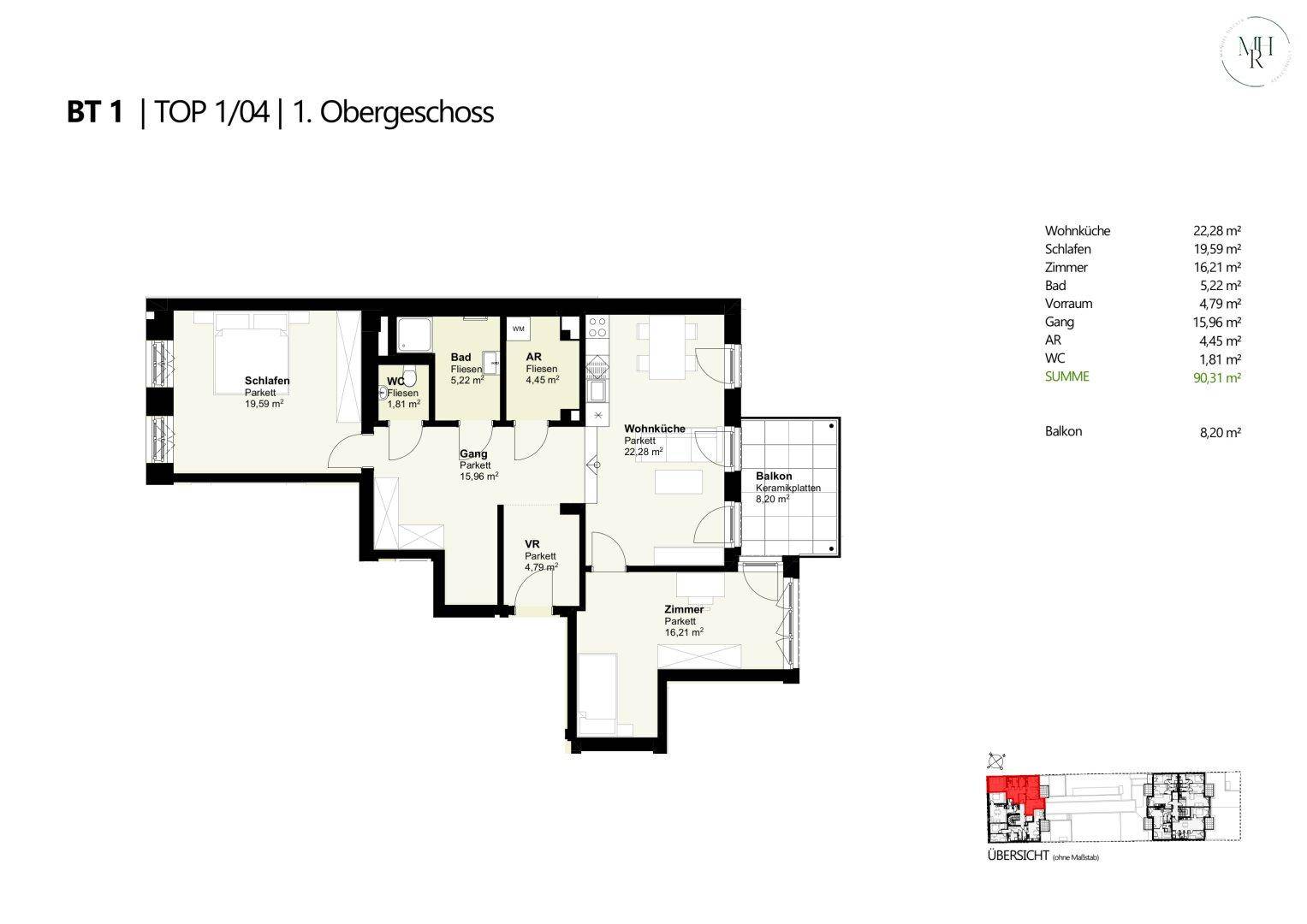Detaillierter Grundriss der Wohnung im ersten Obergeschoss mit Wohnküche, Schlafzimmern und Balkon.