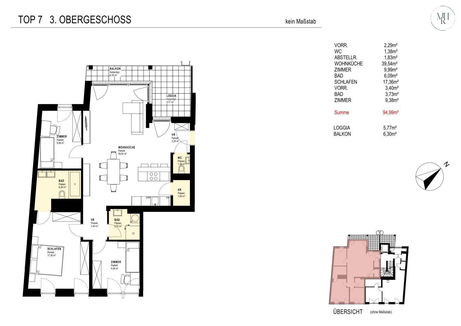 Grundriss der Wohnung im 3. Obergeschoss mit Loggia und Balkon.