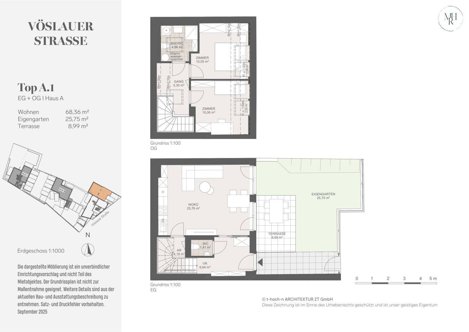 Grundriss für Top A.1 im Erdgeschoss und Obergeschoss mit Garten, Terrasse und offenem Wohnbereich.